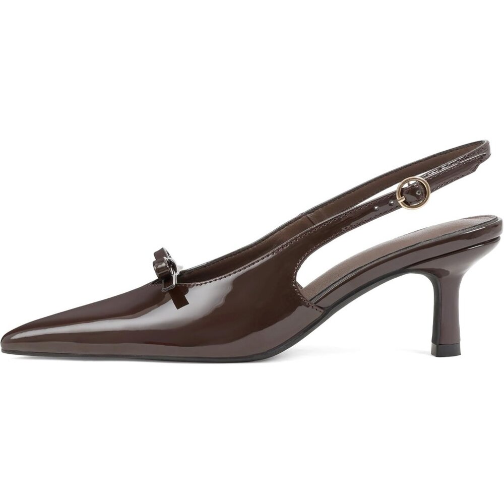 Women's Chocolate Slingback Kitten Heels Bow Ankle Strap Pointed Toe Heel Sexy